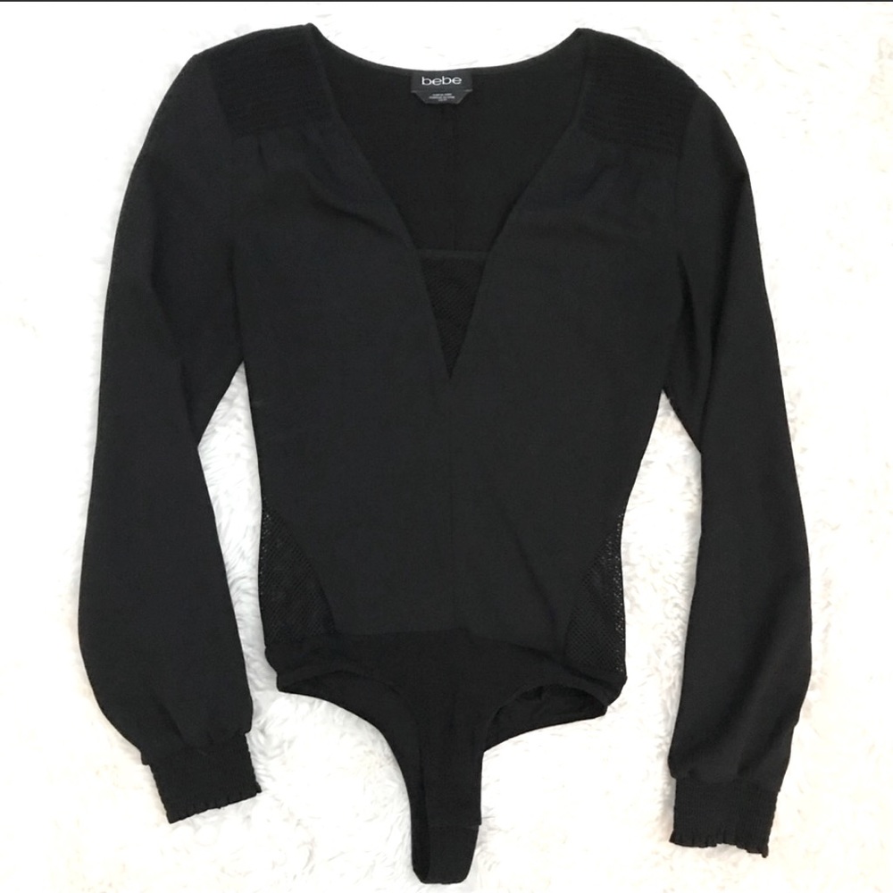 bebe Mesh Detail V-Neck Black Bodysuit size-XS